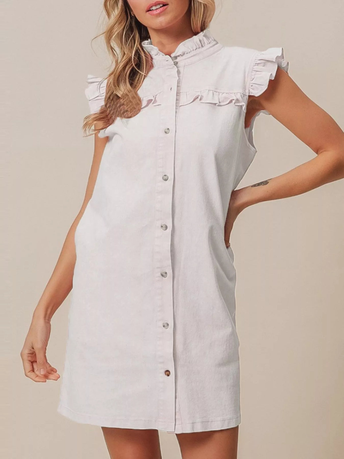 Ruffled Trim Button-Down Denim Dress - Lilixa.store