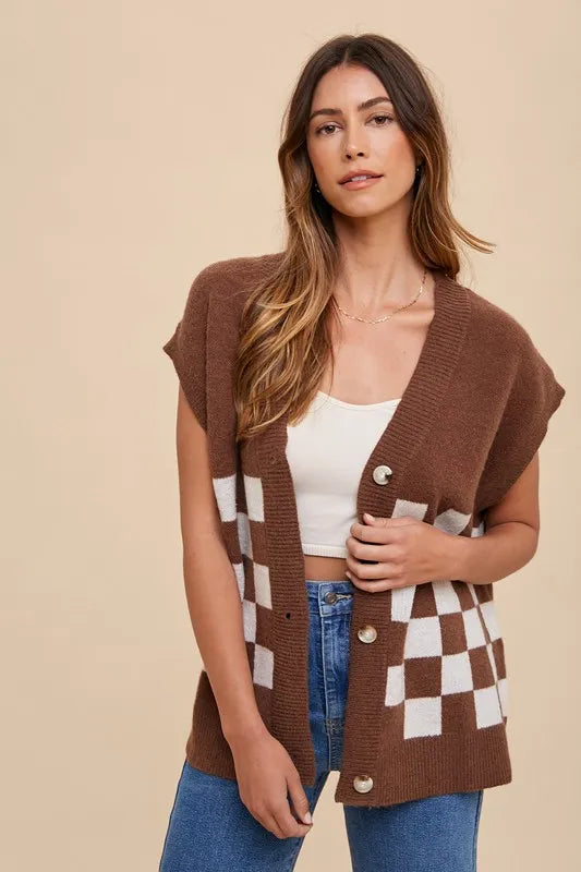 Annie Wear Checkered Button Down Short Sleeve Cardigan in Dark Brown