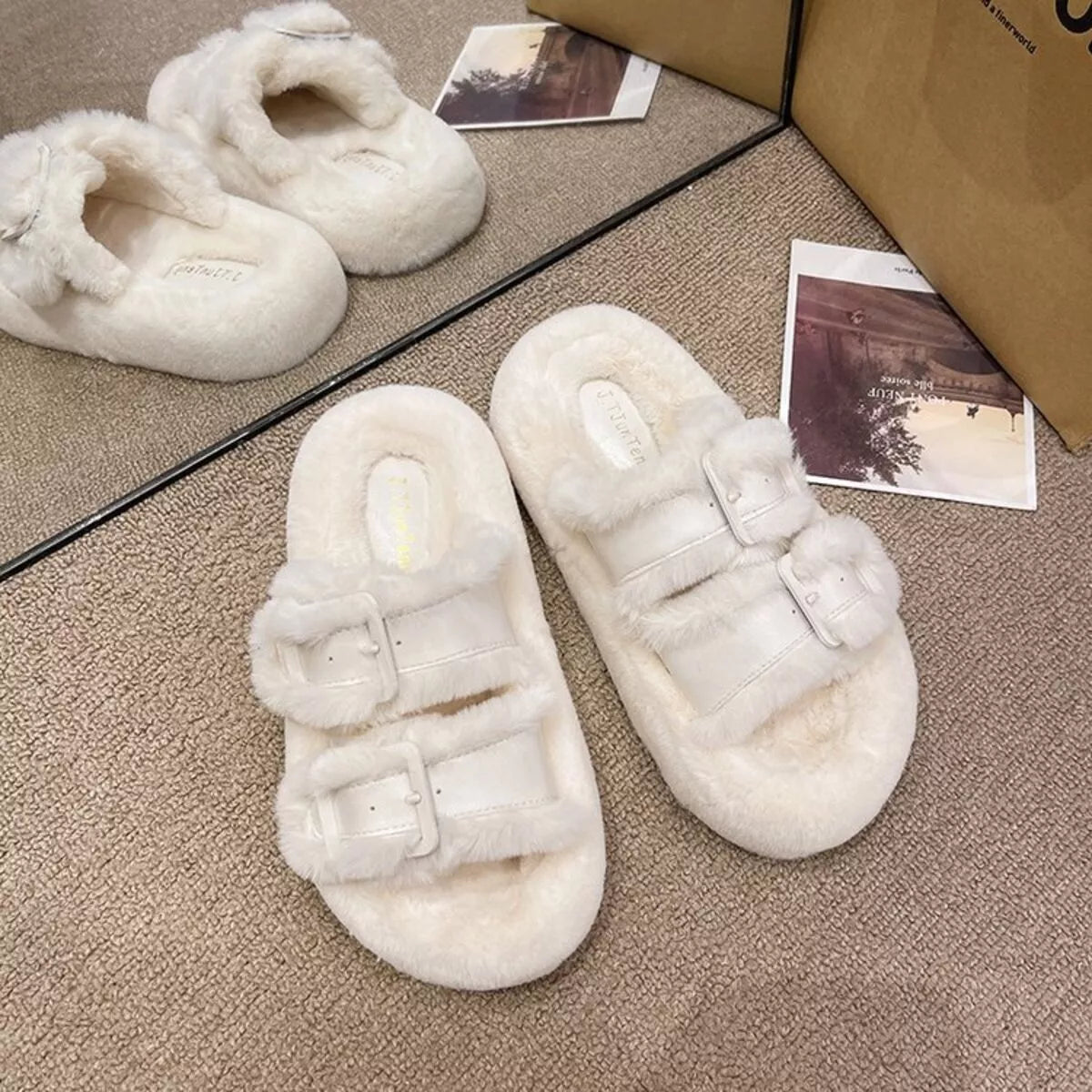 Fuzzy Buckle Detail Slippers - Lilixa.store