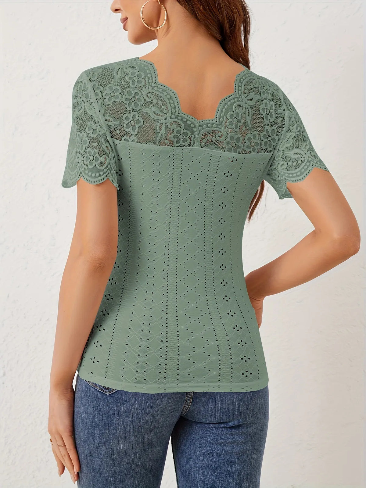 Lace Scalloped V-Neck Eyelet T-Shirt - Lilixa.store