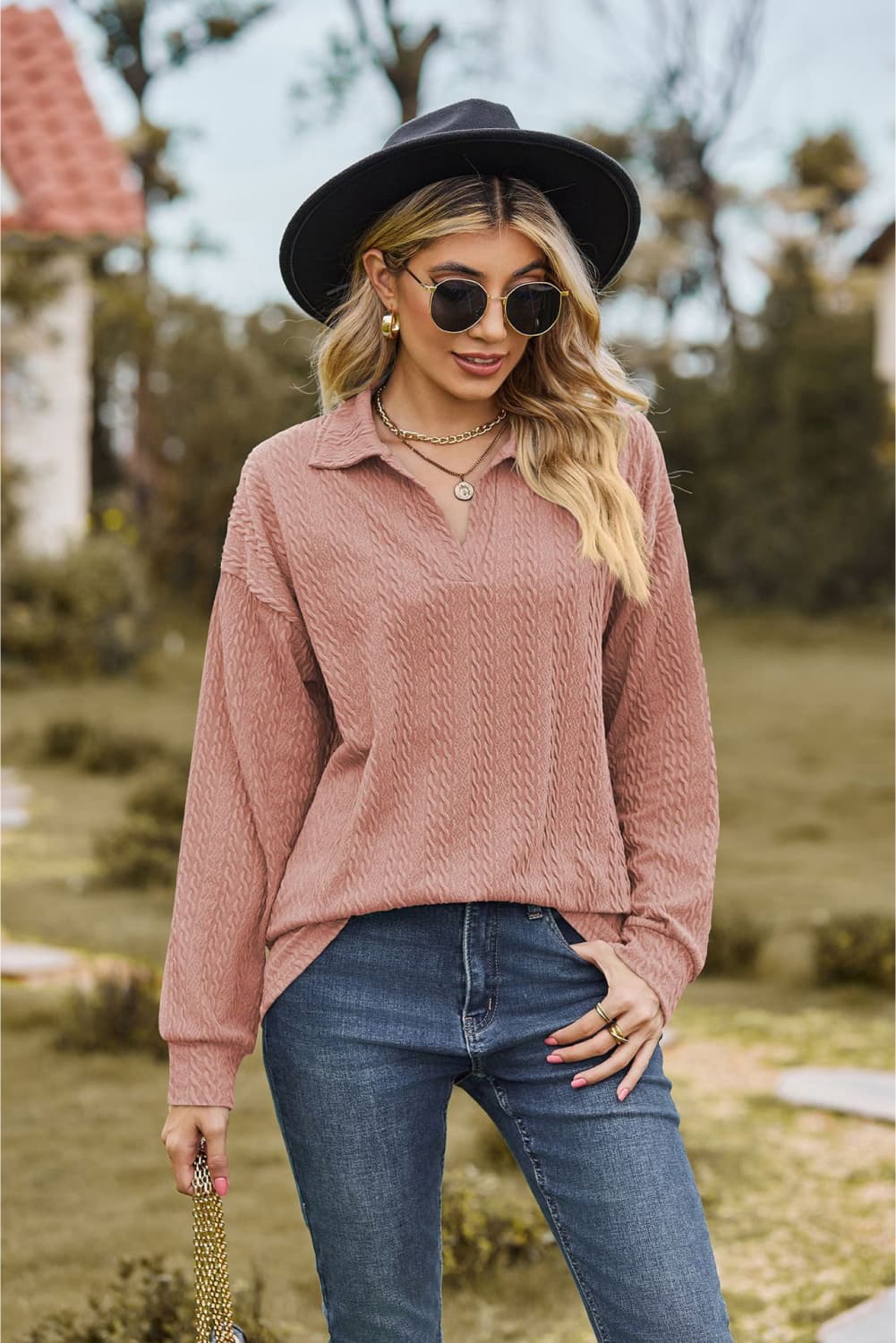 Collared Neck Cable-Knit Long Sleeve Blouse in Dusty Pink