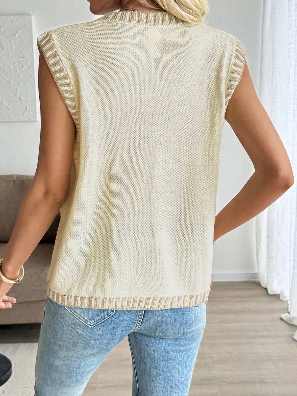Button Up V-Neck Sweater Vest in Off-white, view 6