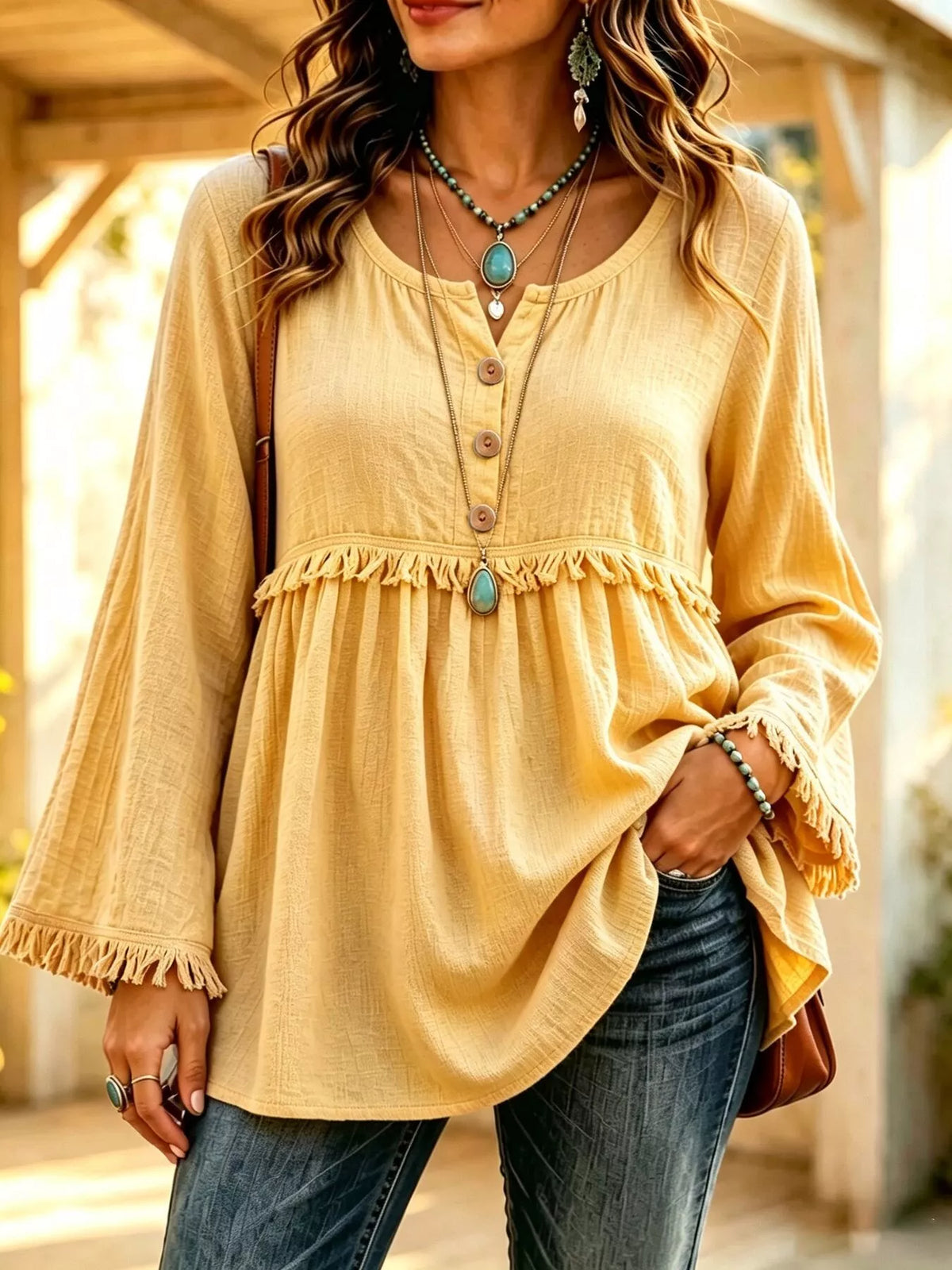 Button-Down Detail Fringed Hem Blouse in Mustard