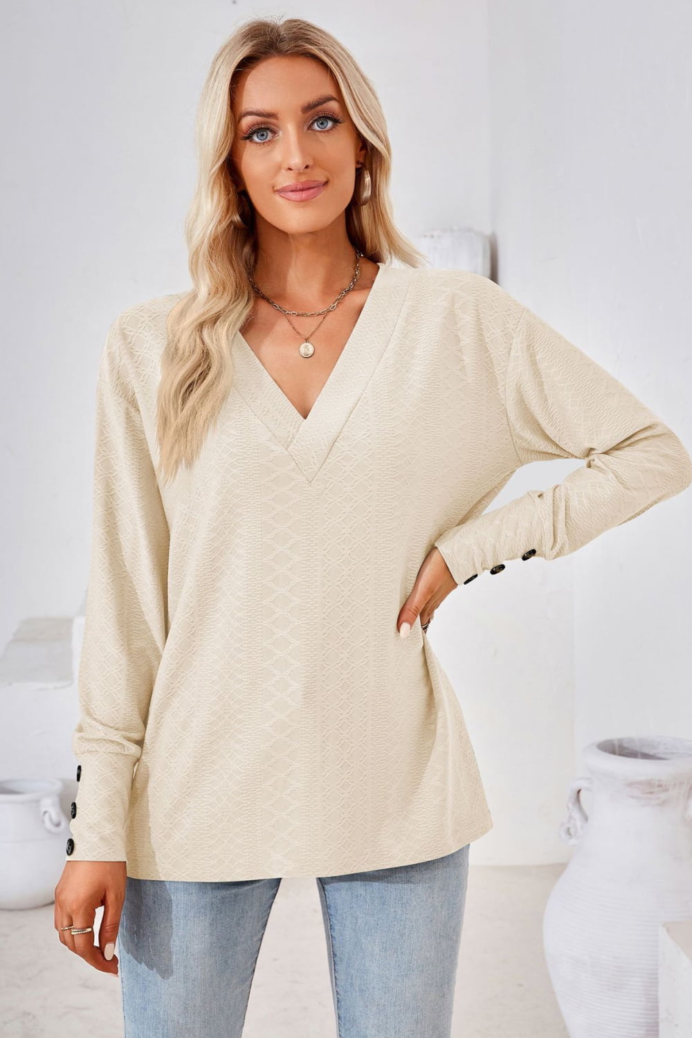 V-Neck Long Sleeve Blouse, view 3