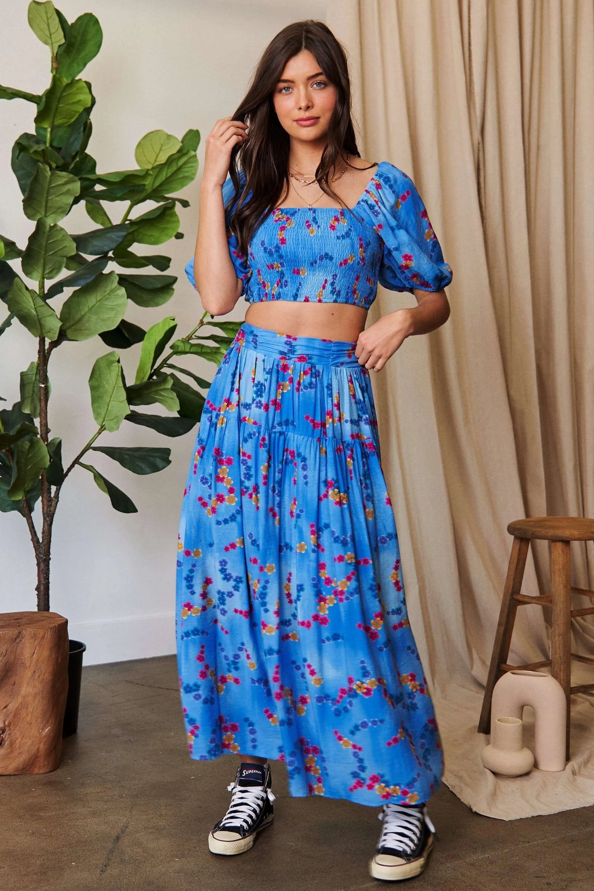 Davi & Dani Smocing Bodice Puff Short Sleeve Printed Crop Top - Lilixa.store