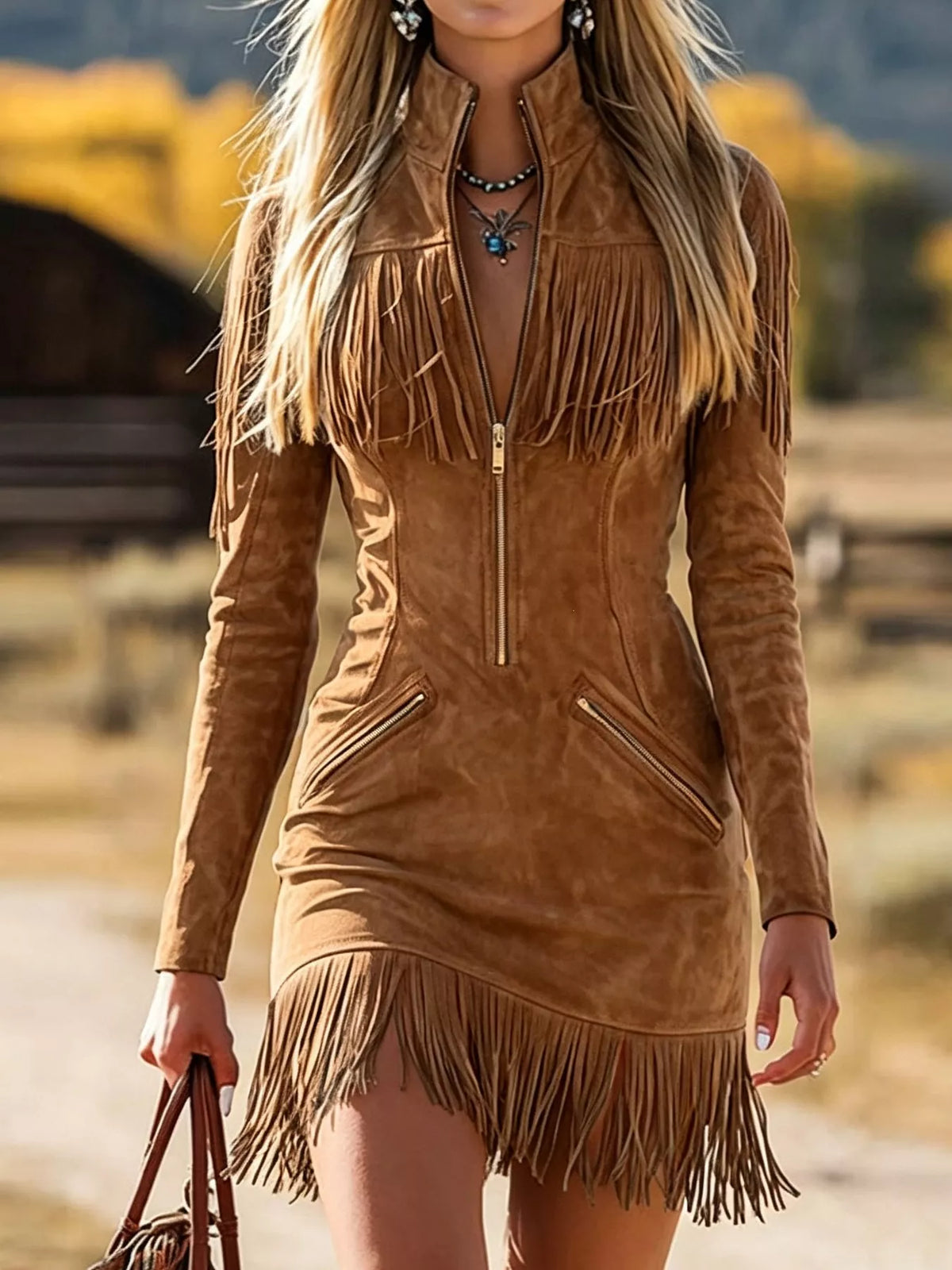 Fringed Zip-Front Mini Dress in Brown
