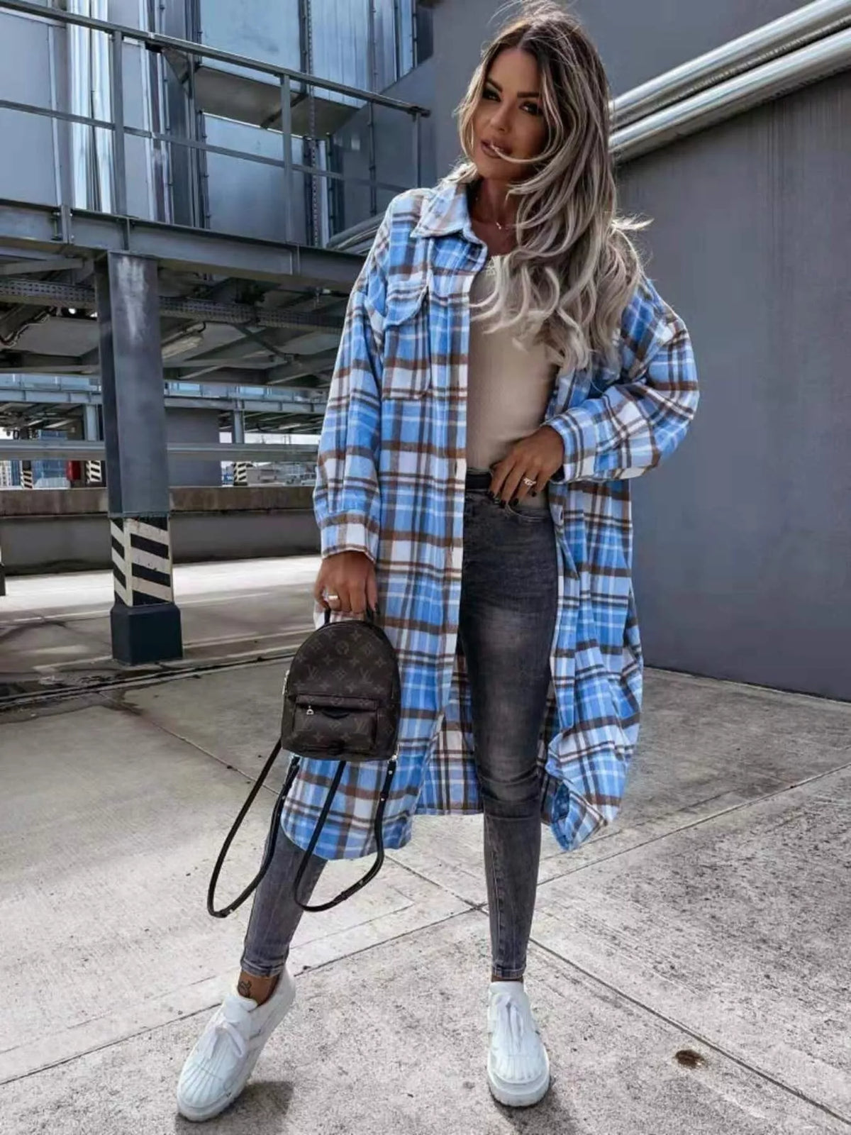 Plaid Button Up Longline Shacket, view 7