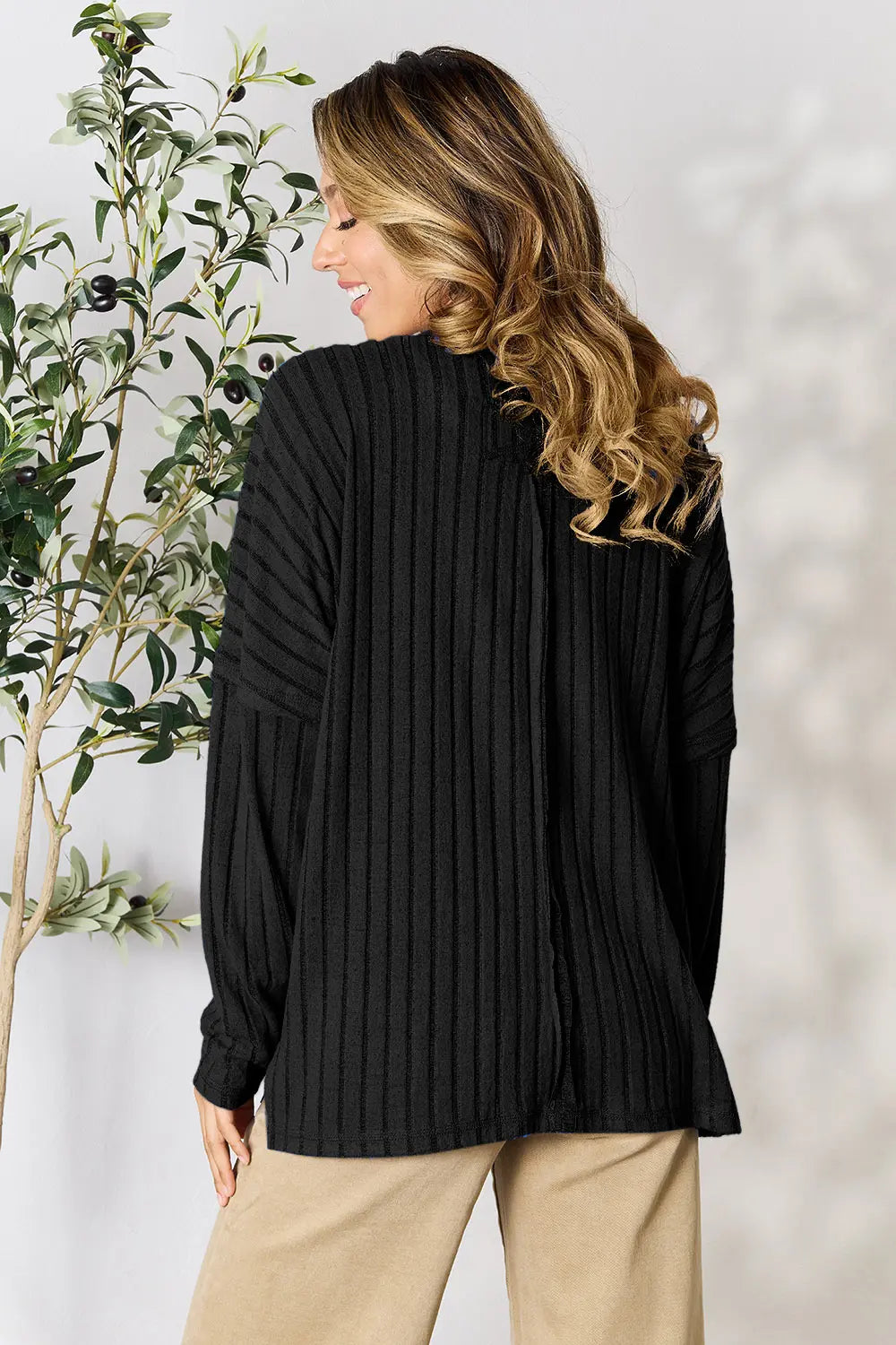 Basic Bae Full Size Ribbed Round Neck Slit Knit Top - Lilixa.store