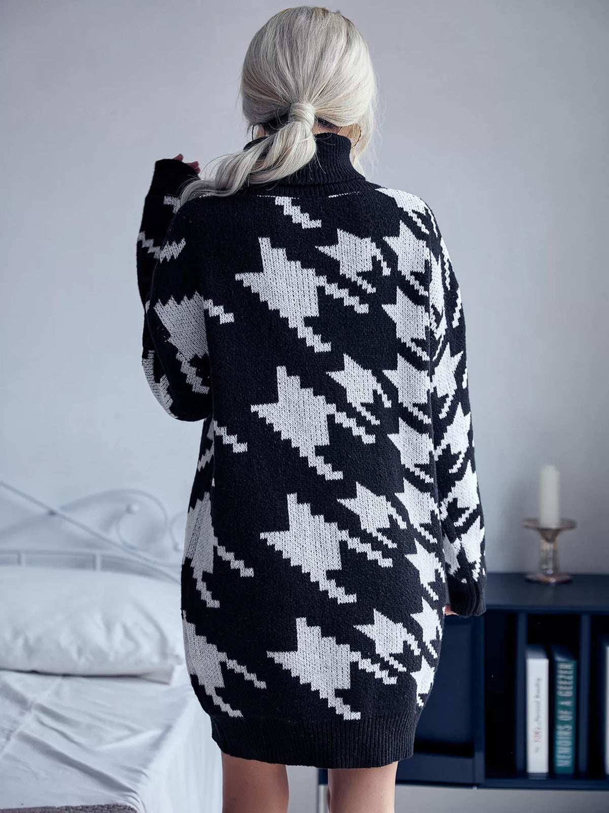 Houndstooth Pattern Turtleneck Sweater Dress in Black, view 7