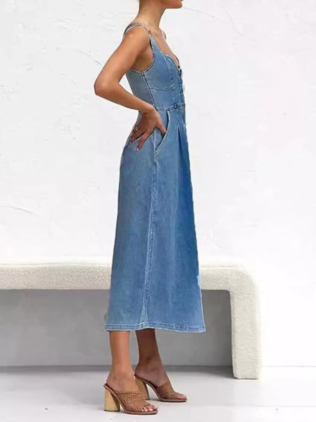 Smocked Back Button Front Denim Midi Dress - Lilixa.store