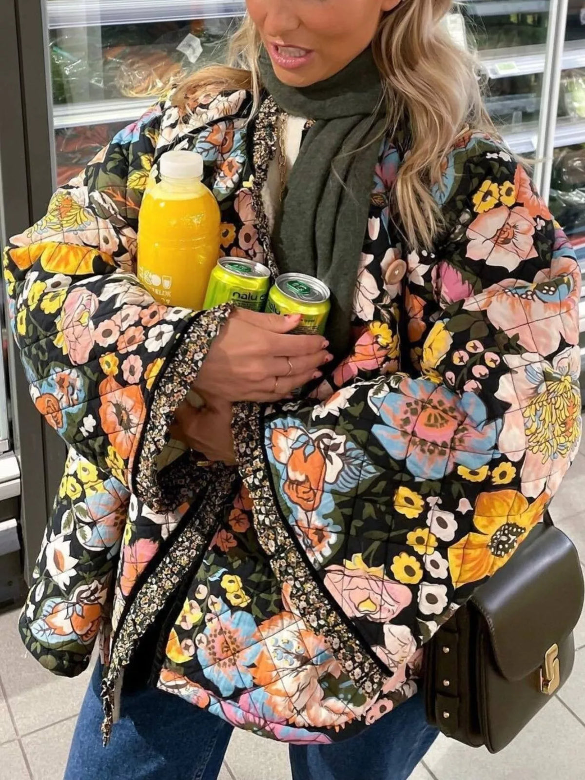 Full Size Floral Print Quilted Sherpa-Lined Jacket Plus Size - Lilixa.store