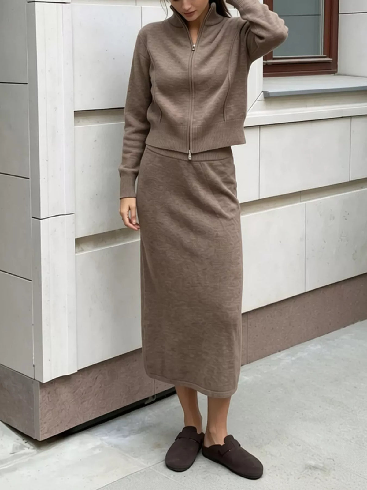 Zip-Up Mock Neck Cardigan and Matching Midi Skirt Sweater Set, view 5