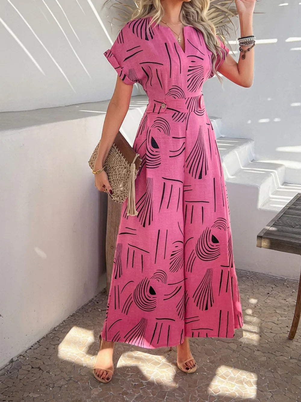 Devine Printed Notched Short Sleeve Wide Leg Jumpsuit - Lilixa.store