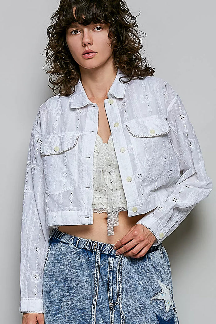 POL Eyelet Textured Cotton Cropped Button Front Jacket in Off White