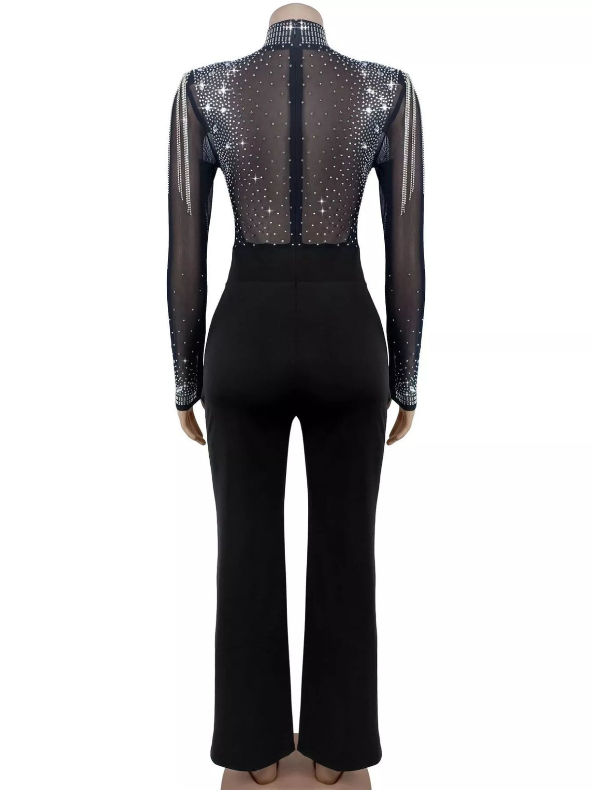 Rhinestone Embellished Mesh Long Sleeve Jumpsuit in Black, view 7