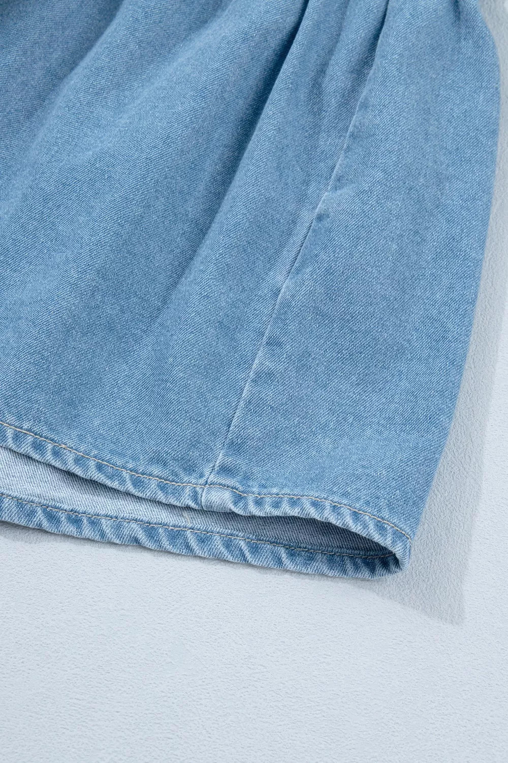Button Down Short Puff Sleeve Ruffle Hem Denim Dress in Light Blue, view 14