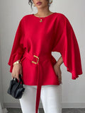 Round Neck Belt Batwing Sleeve Blouse - Lilixa.store