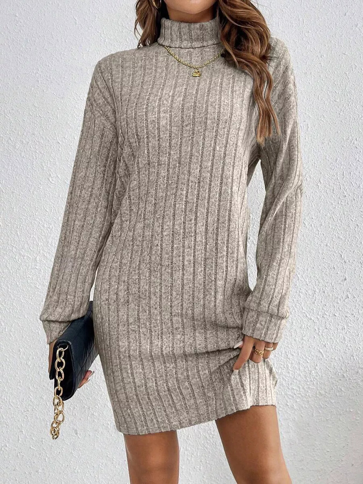 Turtleneck Ribbed Knit Dress - Lilixa.store