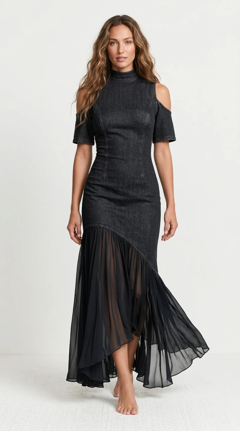 Mock Neck Cold Shoulder Ruffle Hem Maxi Dress in Dark Blue