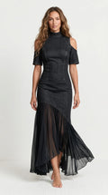 Mock Neck Cold Shoulder Ruffle Hem Maxi Dress in Dark Blue