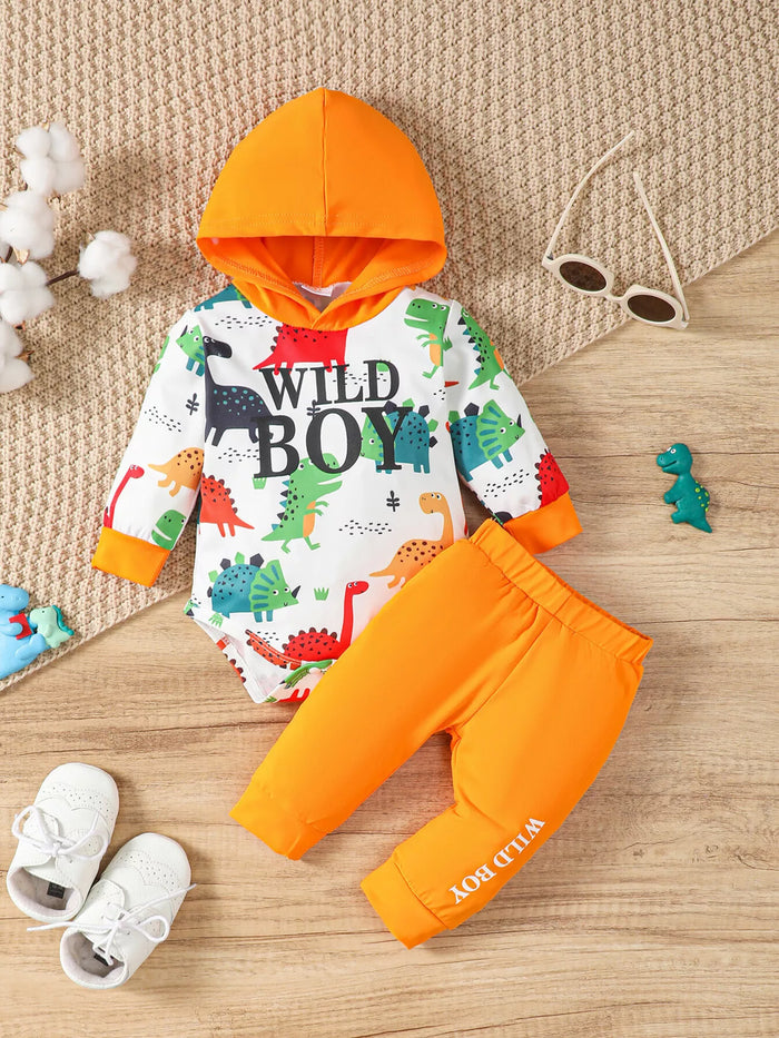 Children's Dinosaur Print Hooded Long Sleeve Bodysuit and Pants Set in Orange
