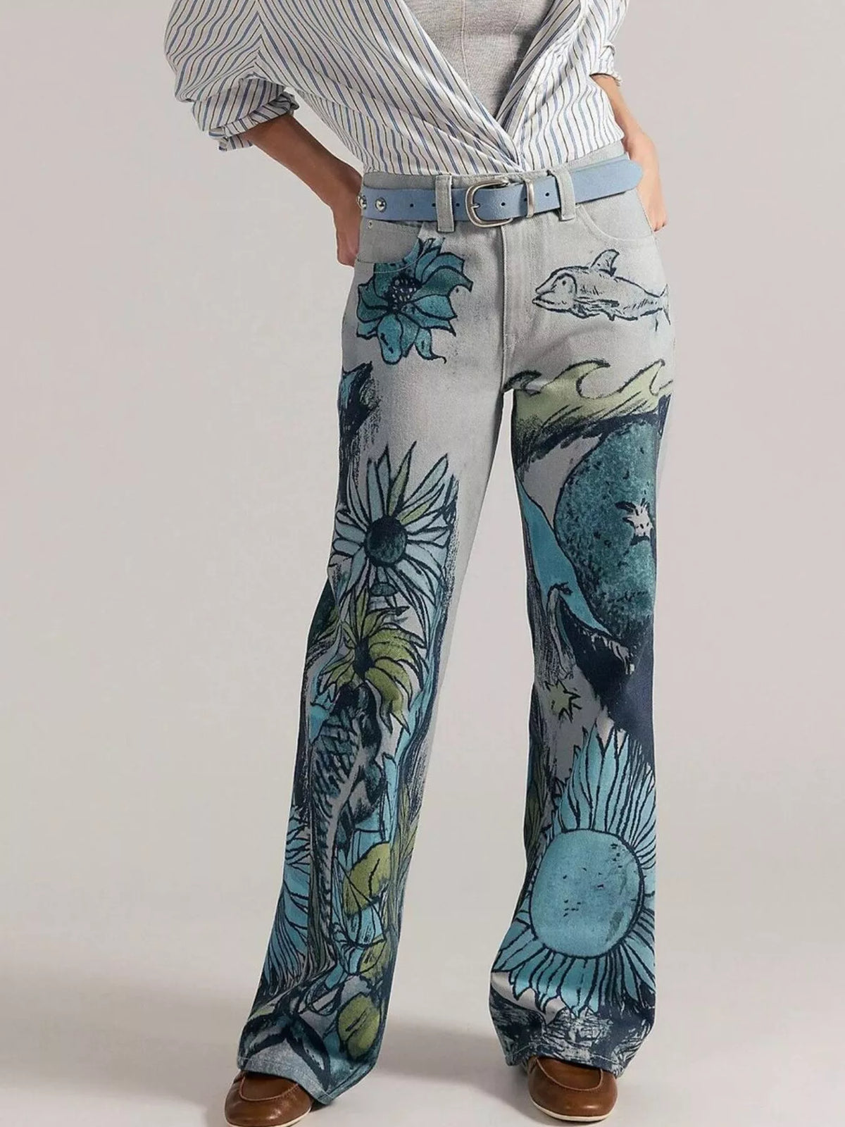 Printed Wide Leg Jeans - Lilixa.store