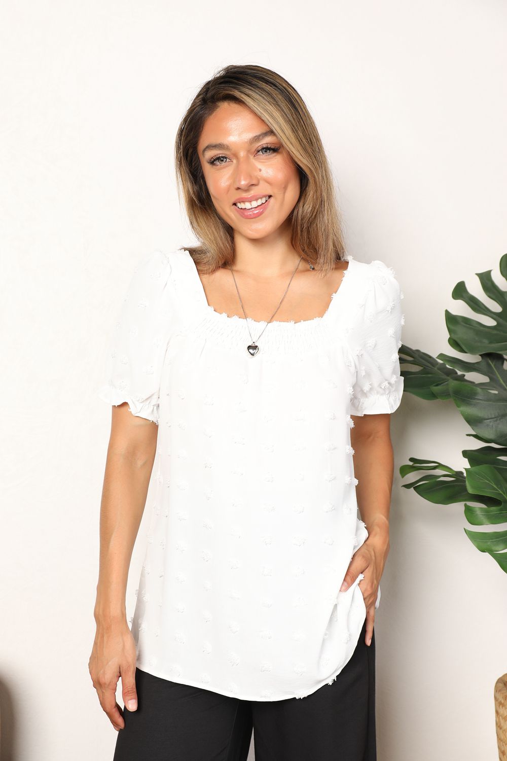 Mandy Swiss Dot Puff Sleeve Square Neck Blouse in White