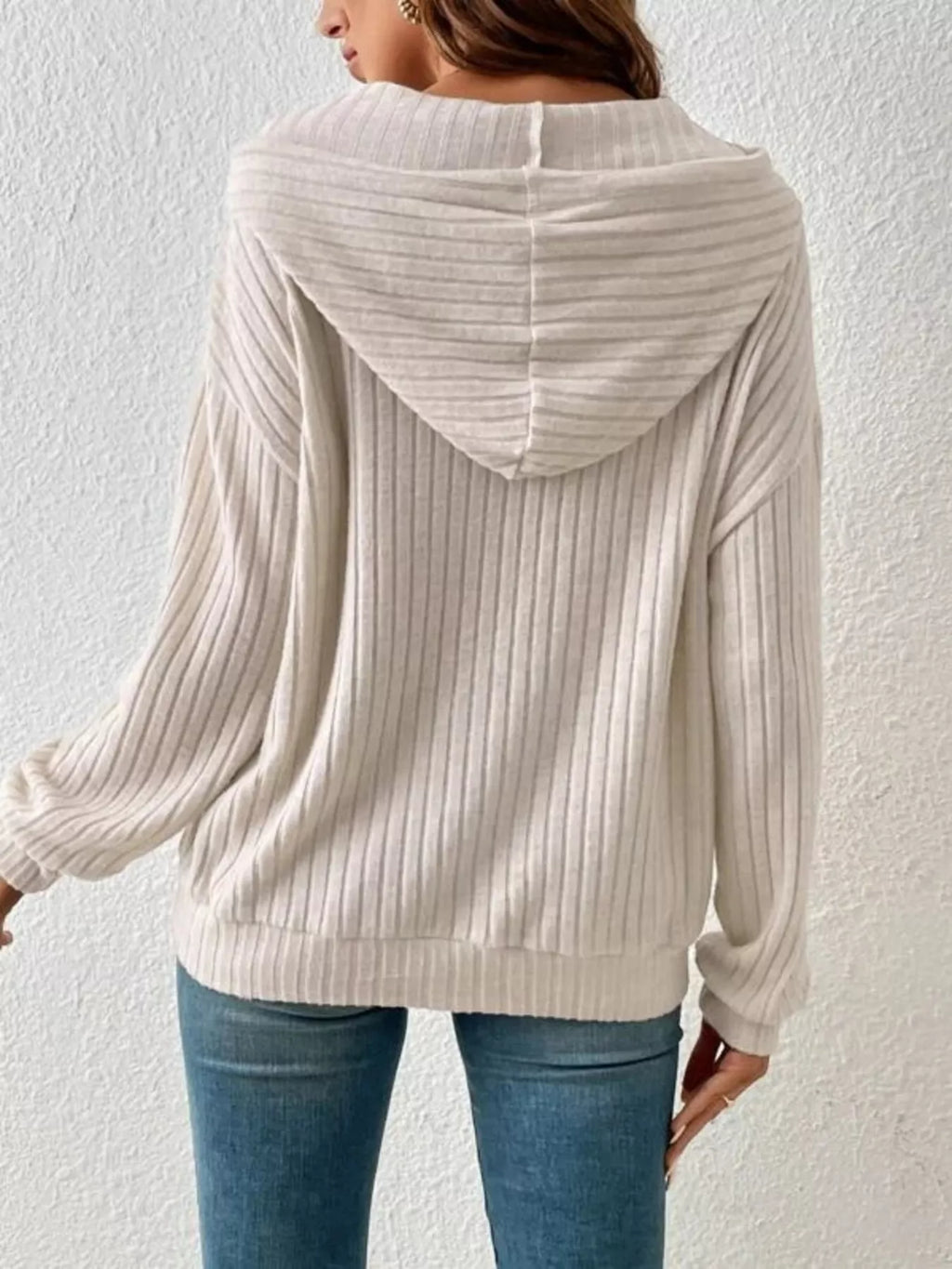 Casual Ribbed Knit Drawstring Hoodie - Lilixa.store