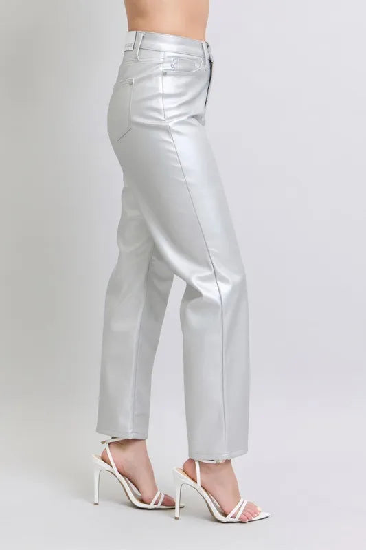 Judy Blue Full Size High Waist Silver Faux Leather Pants Plus Size - Lilixa.store