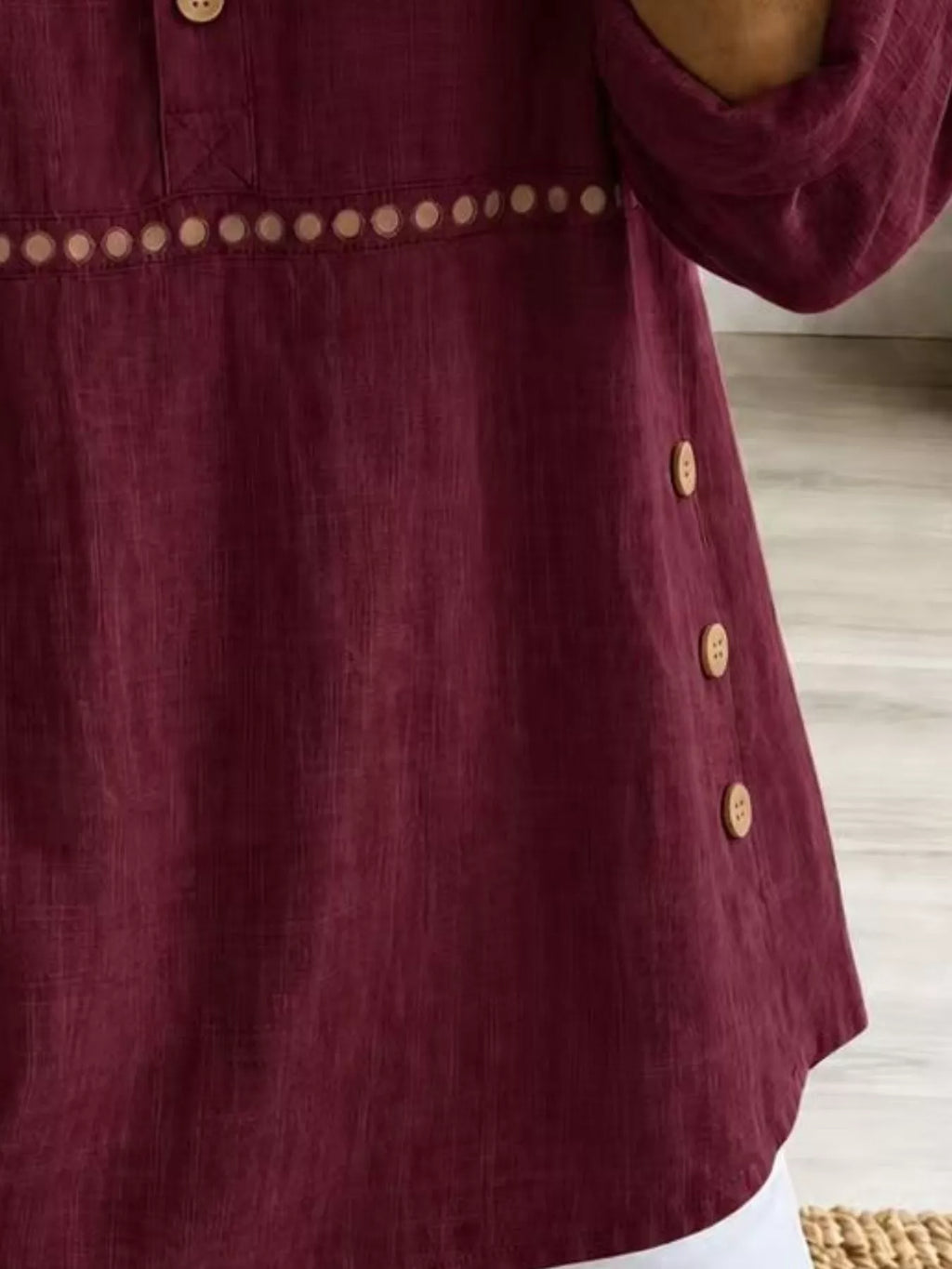 Full Size Button Detail Eyelet Long Sleeve Blouse Plus Size - Lilixa.store