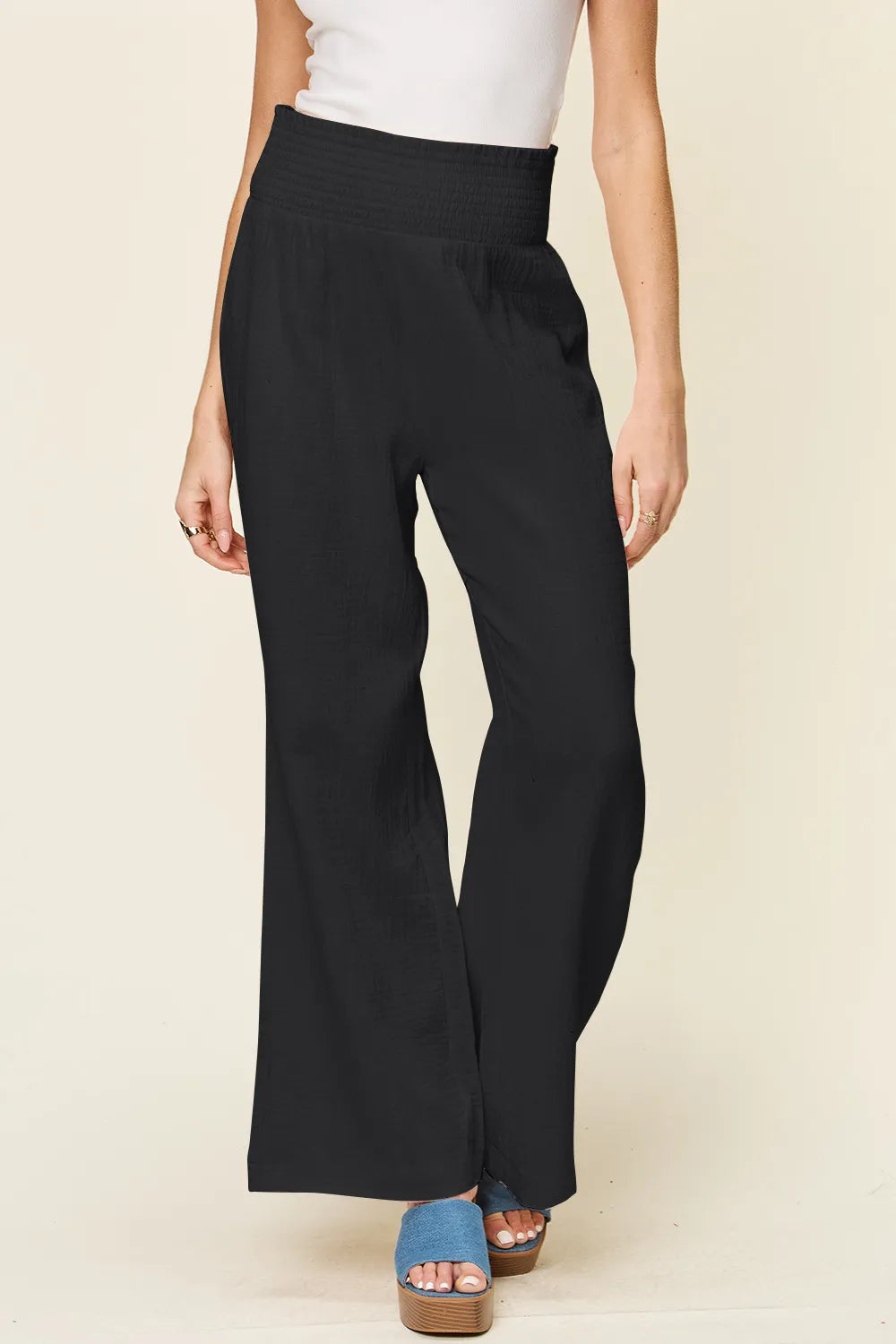 Double Take Full Size Texture Smocked Waist Wide Leg Pants - Lilixa.store