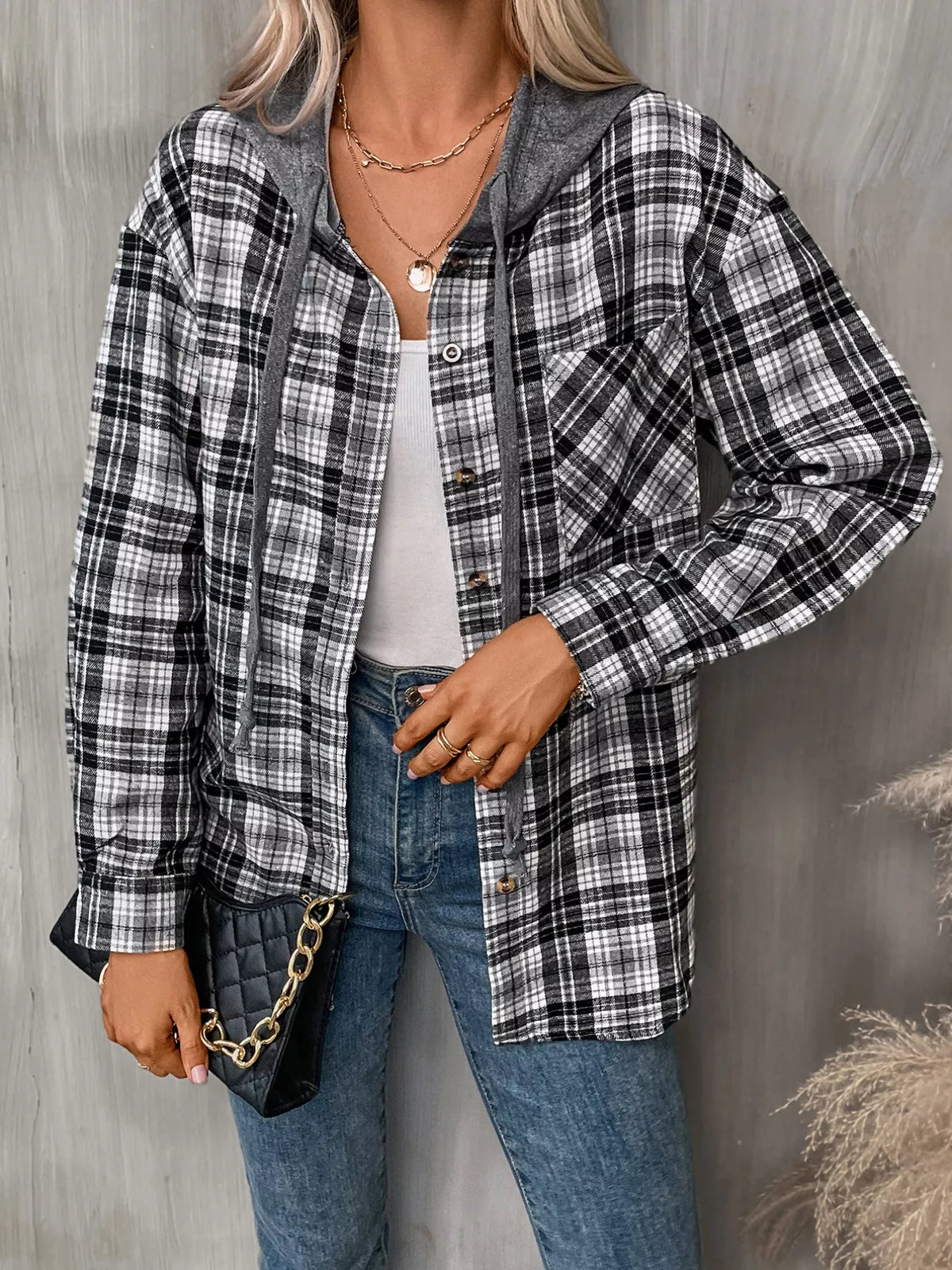 Plaid Button-Up Hooded Shirt with Chest Pocket - Lilixa.store