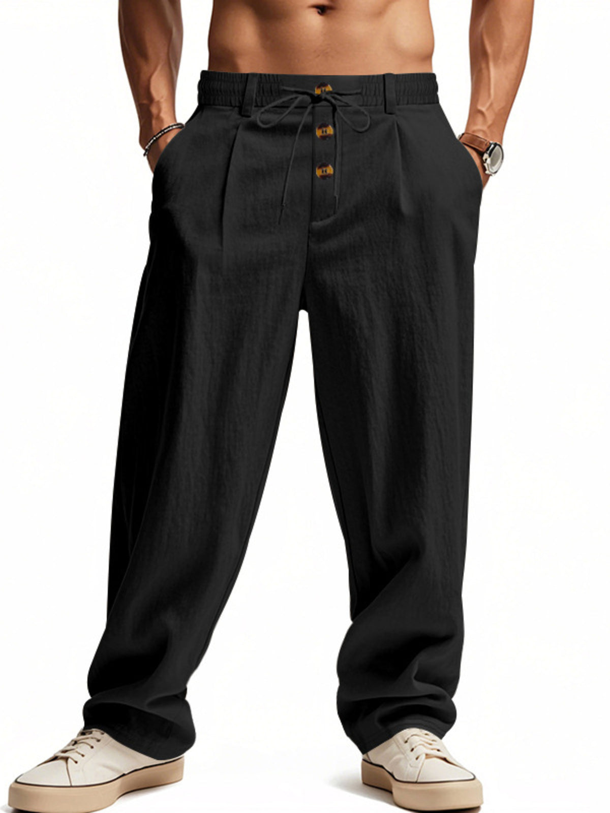 Men's Full Size Drawstring Loose Fit Pants Plus Size in Black