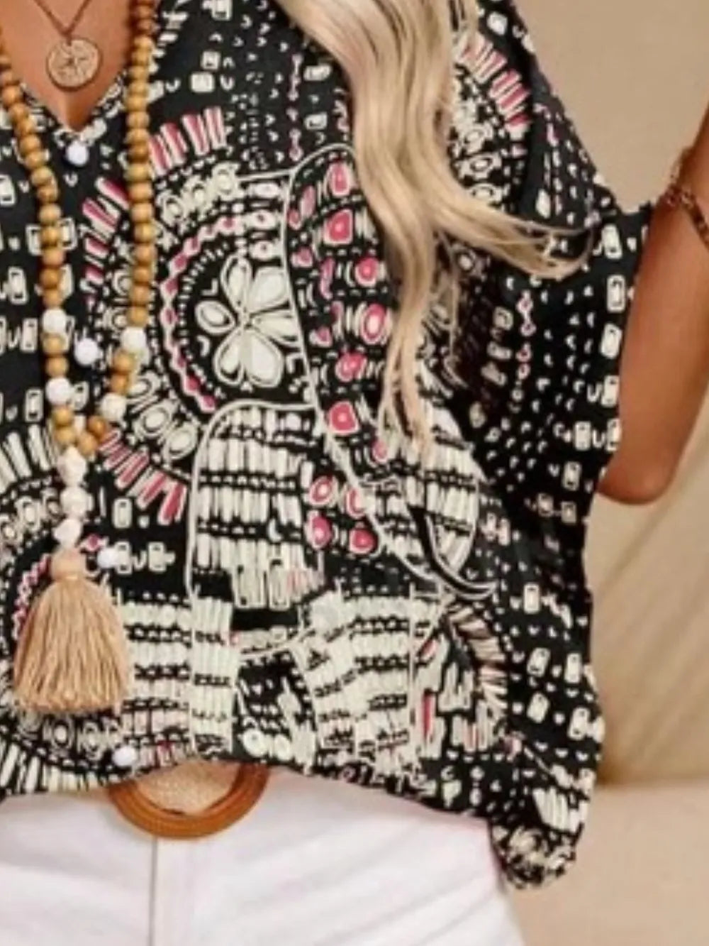Printed V-Neck Half Sleeve Top - Lilixa.store