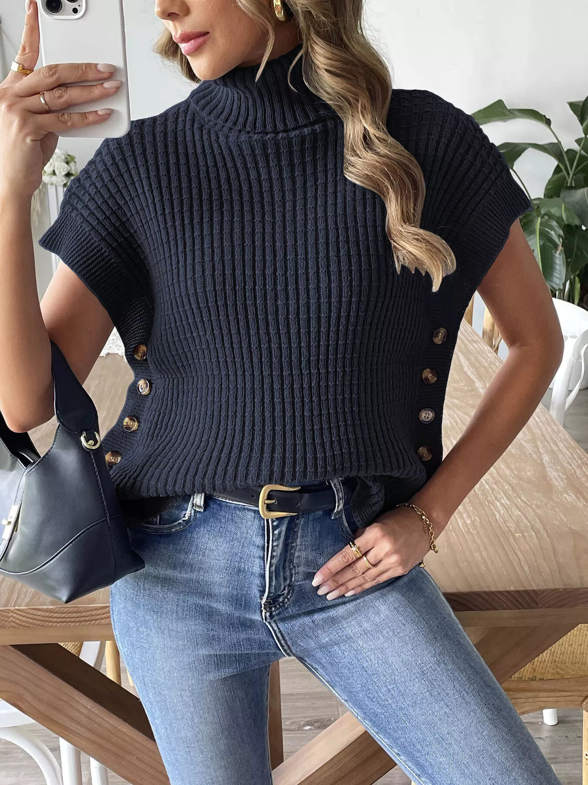 Ribbed Turtleneck Sweater with Side Button Detail, view 9
