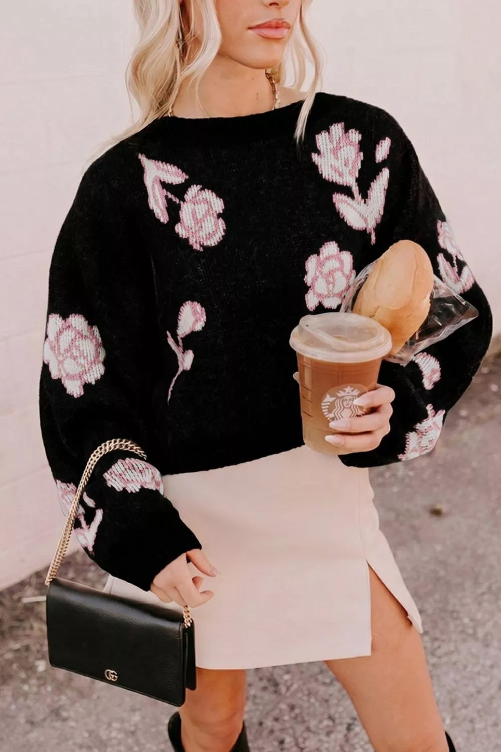 Floral Pattern Puff Sleeve Dropped Shoulder Pullover Sweater
