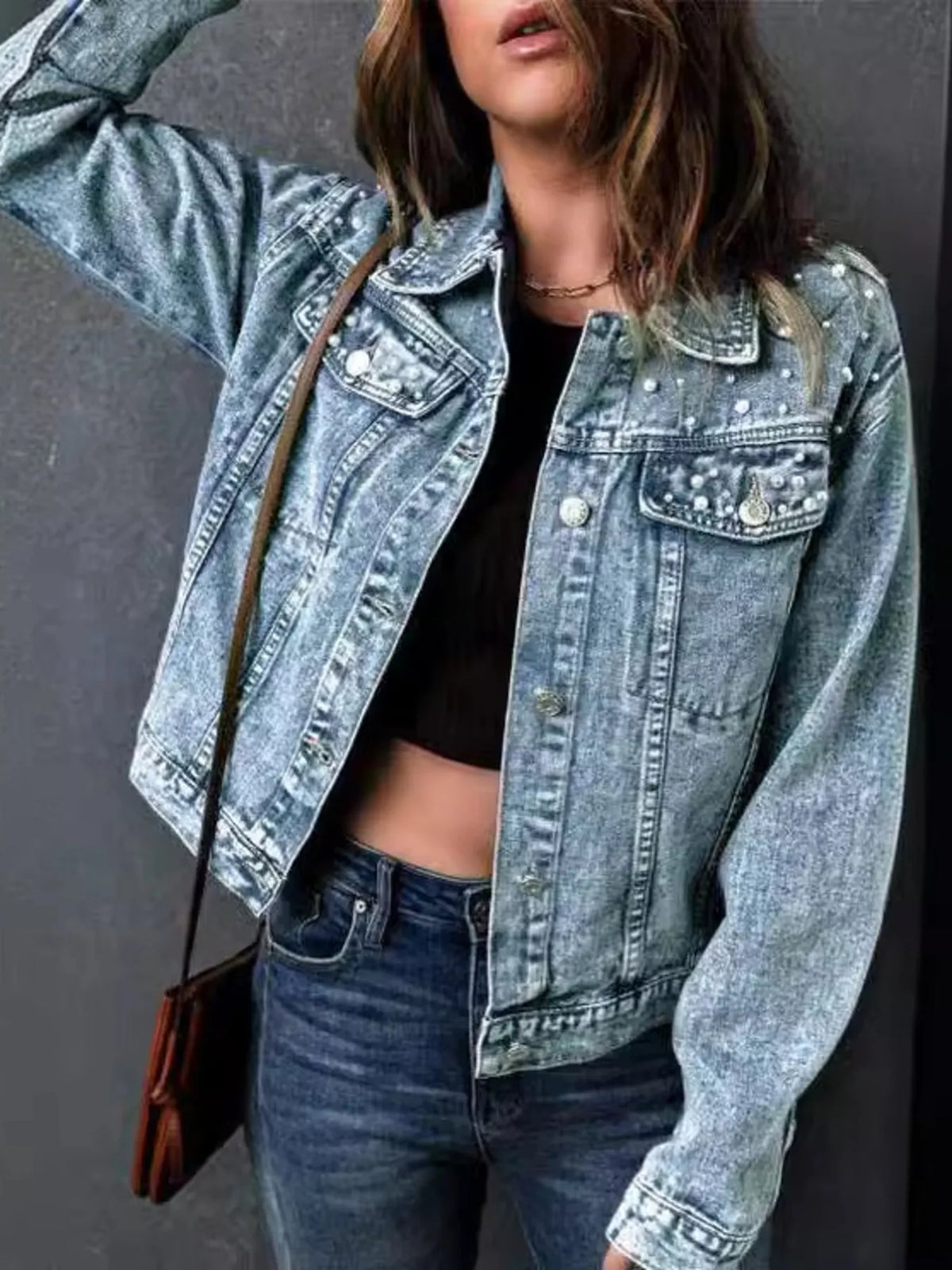 Full Size Pearl Detail Button Up Long Sleeve Denim Jacket Plus Size in Denim Blue, view 4