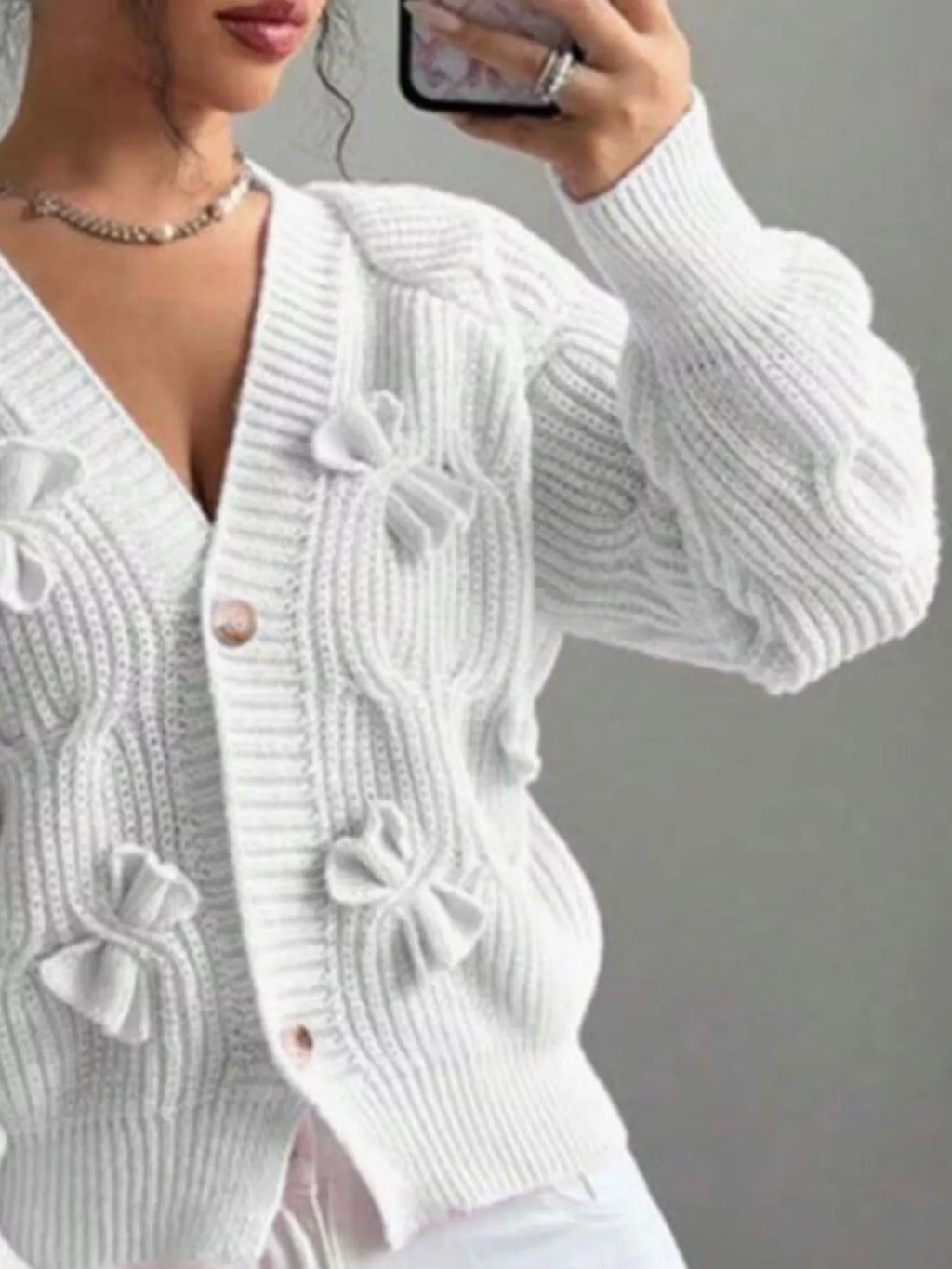 Bow Cable Knit V-Neck Cardigan - Lilixa.store
