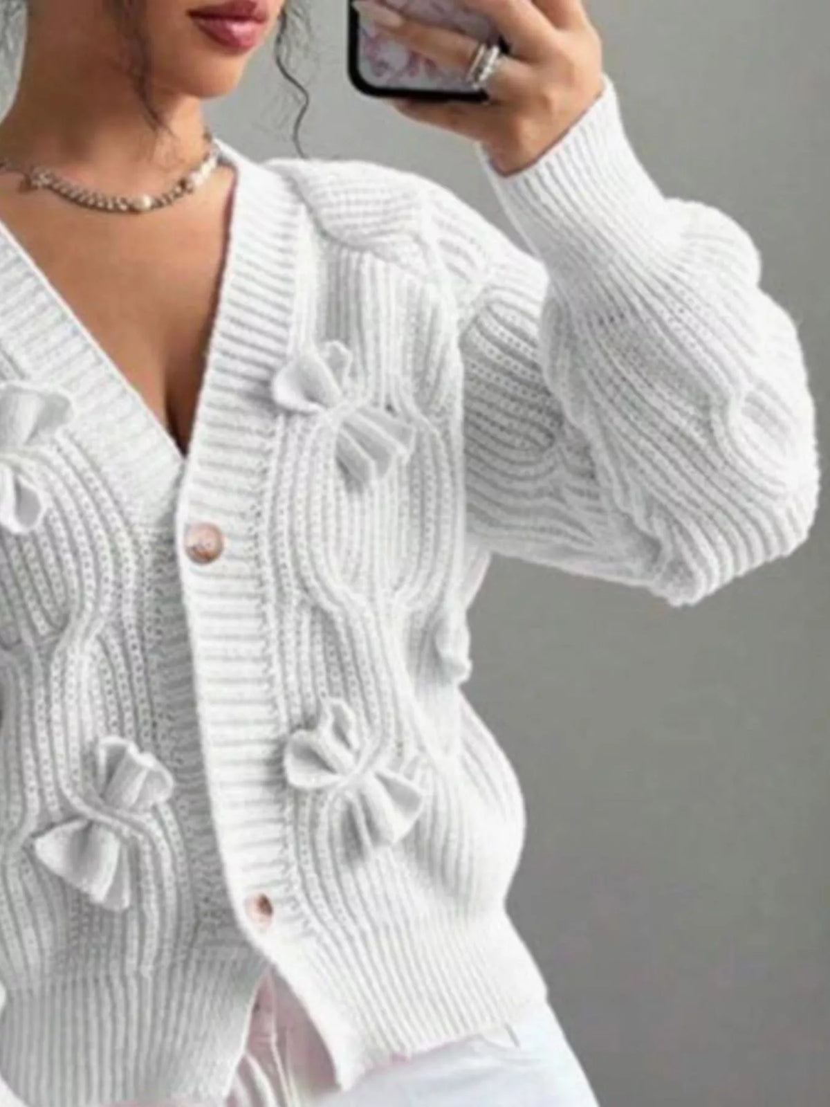 Bow Cable Knit V-Neck Cardigan - Lilixa.store