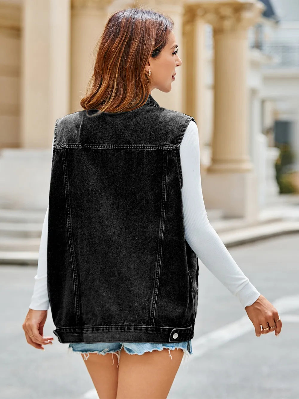 Pocketed Button Up Sleeveless Denim Jacket, view 5