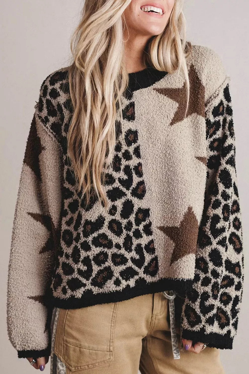 Leopard Star Pattern Round Neck Long Sleeve Shift Sweater - Lilixa.store