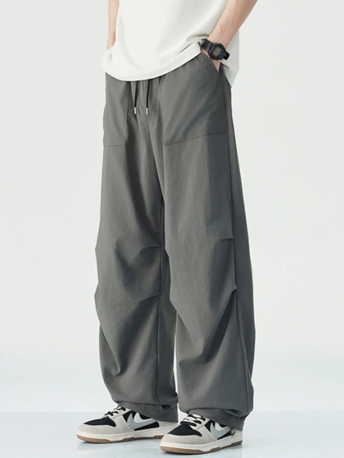 Men's Drawstring Wide Leg Pants in Dark Gray