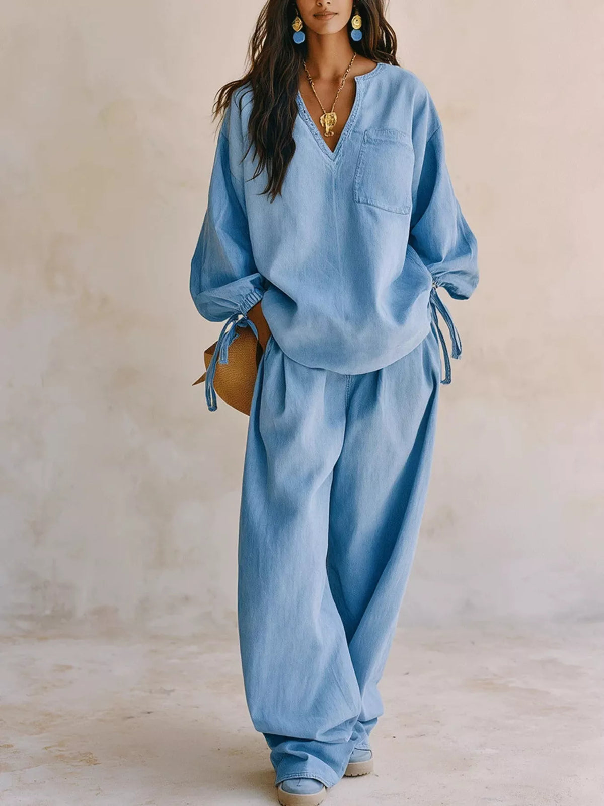 Relaxed Fit Drawstring Sleeve Detail Top and Pants Denim Set