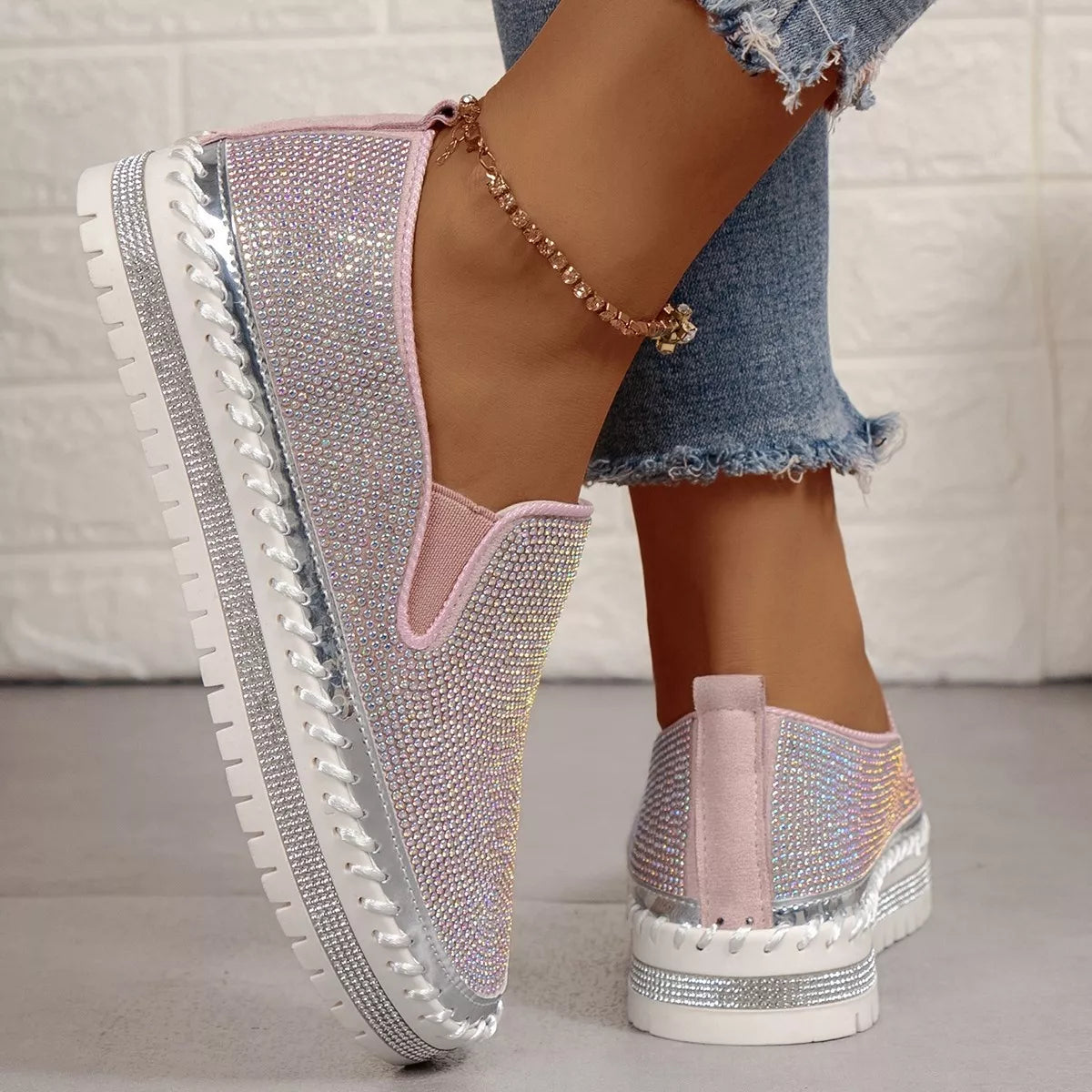 Rhinestone Round Toe Platform Loafers, view 4