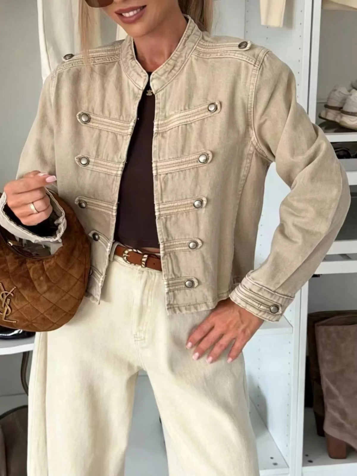 Decorative Button Cropped Denim Jacket