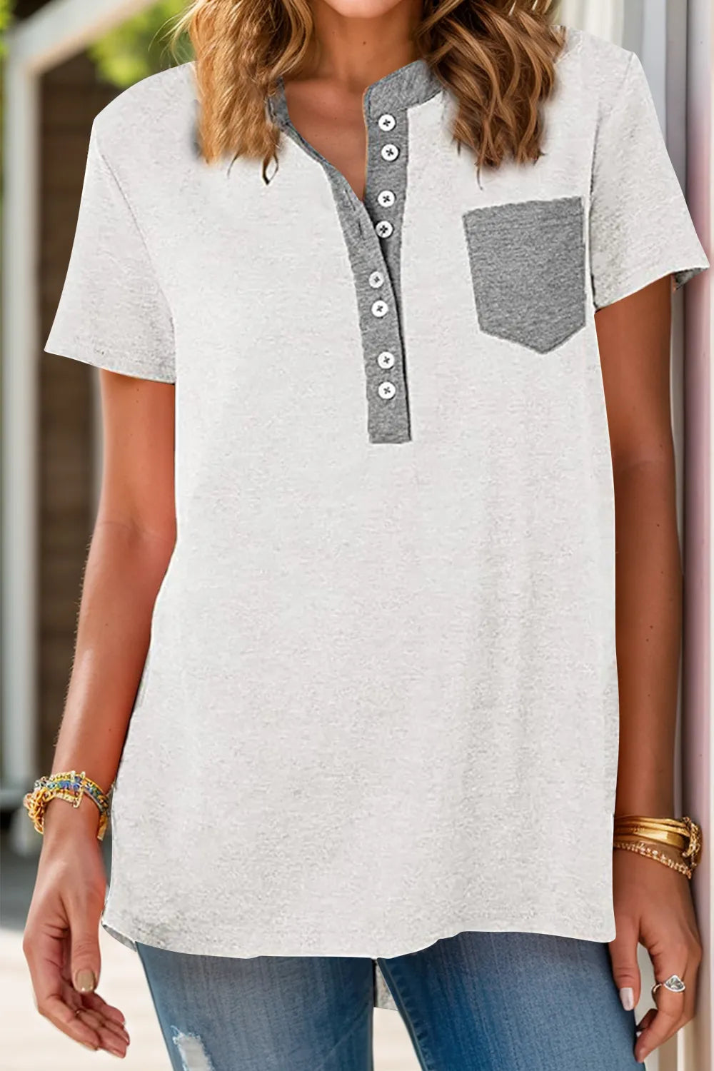 Full Size Half Button Short Sleeve T-Shirt - Lilixa.store