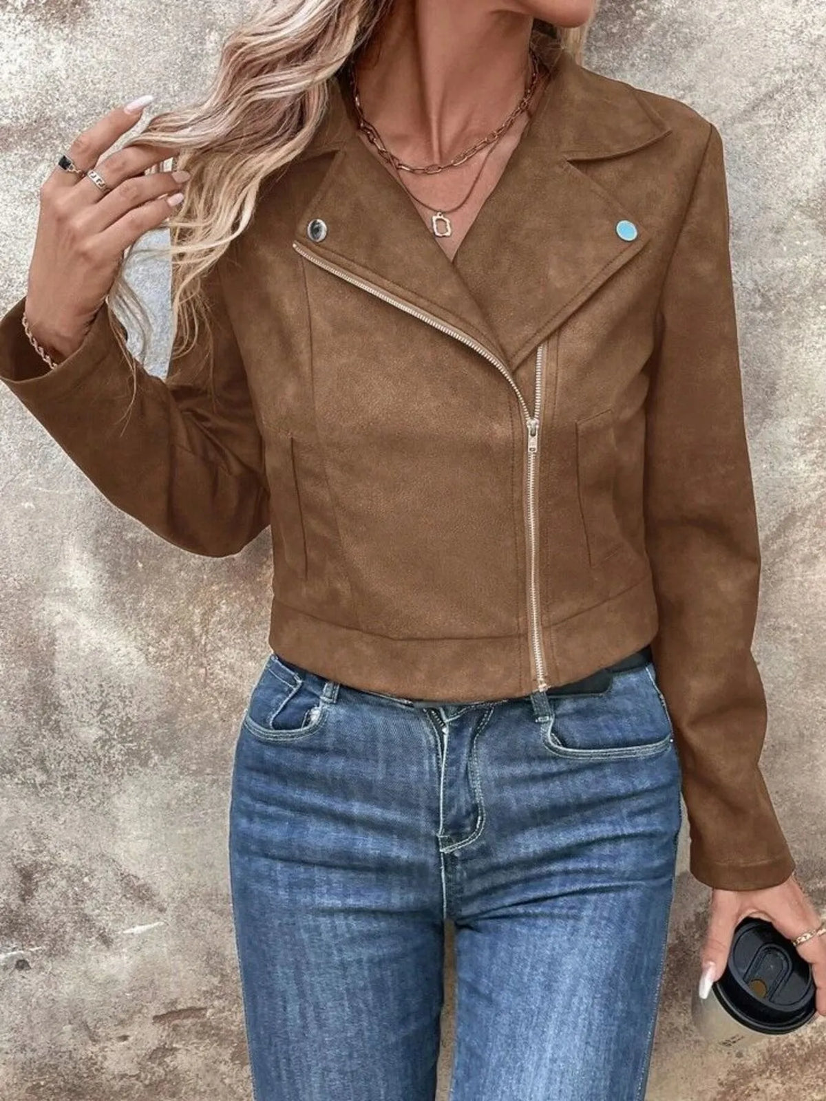 Zip Up Suede Cropped Moto Jacket, view 6