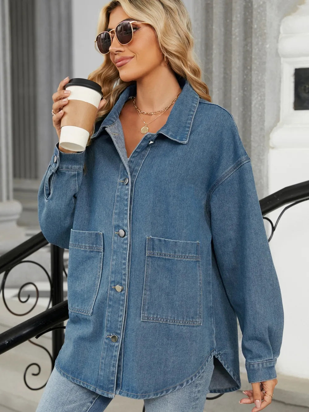 Removable Hood Button Up Long Sleeve Denim Jacket in Black, view 4