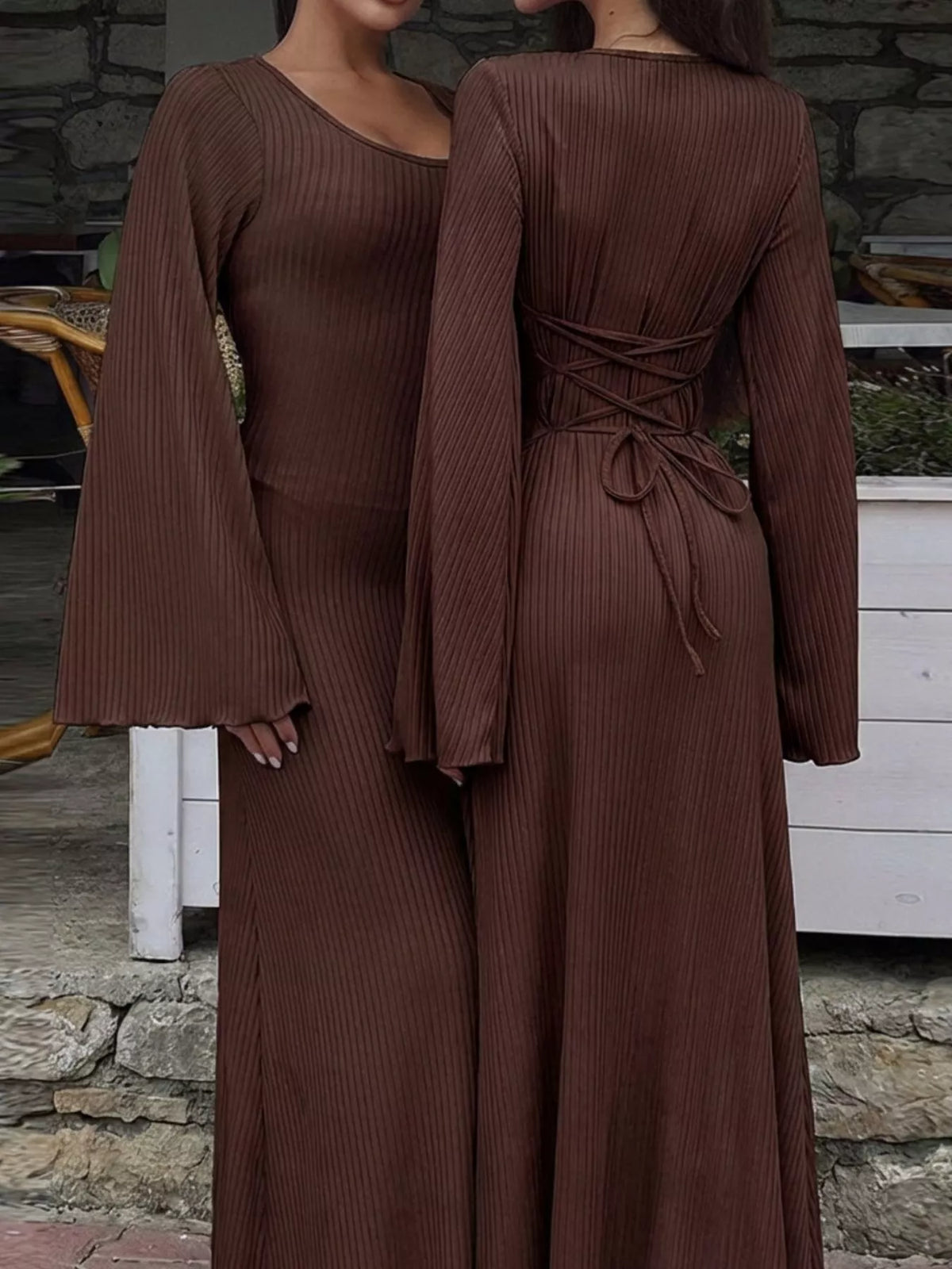 Elegant Ribbed Knit Long Sleeve Maxi Dress, view 2