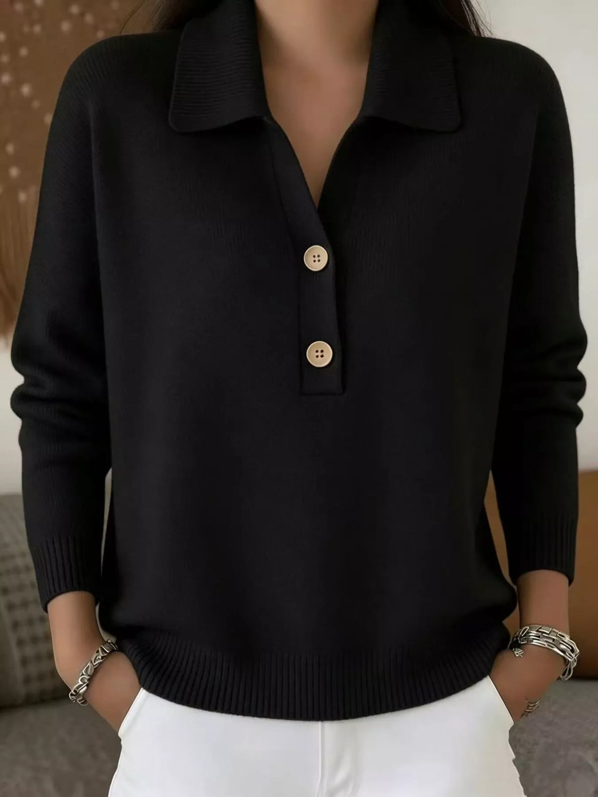 Ribbed Knit Button Detail Sweater in Black